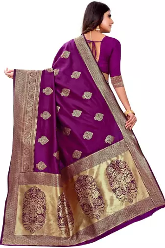 purple silk blend banarasi saree with unstitched blouse piece