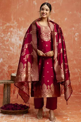 Maroon women kurta pant dupatta set