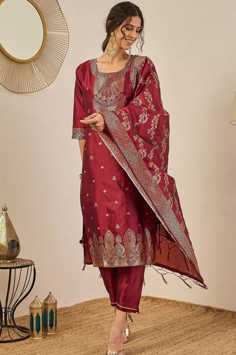 Maroon women kurta pant dupatta set