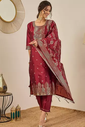 Maroon women kurta pant dupatta set