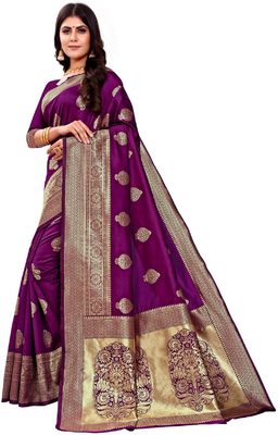 purple silk blend banarasi saree with unstitched blouse piece 3