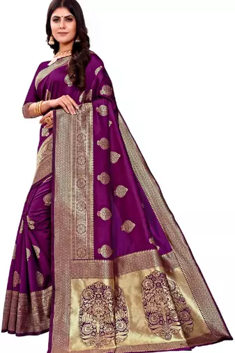 purple silk blend banarasi saree with unstitched blouse piece