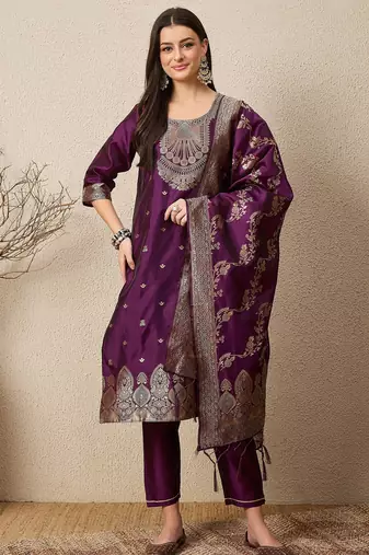 Purple women kurta pant dupatta set