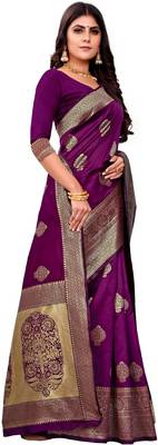 purple silk blend banarasi saree with unstitched blouse piece 4