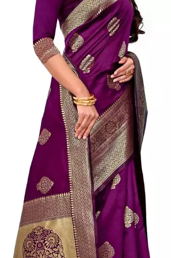 purple silk blend banarasi saree with unstitched blouse piece
