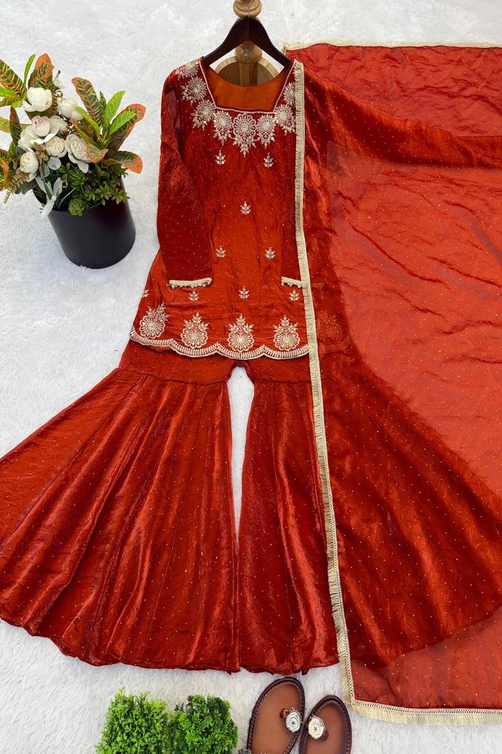 dark orange embroidered kurta with sharara