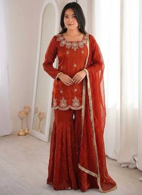 dark orange embroidered kurta with sharara 6