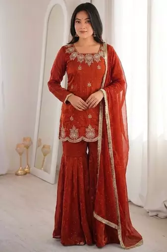 dark orange embroidered kurta with sharara