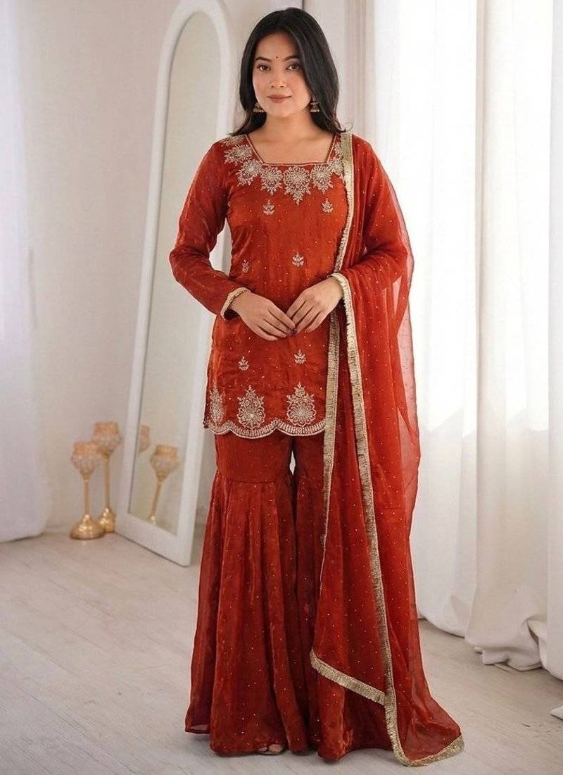 dark orange embroidered kurta with sharara