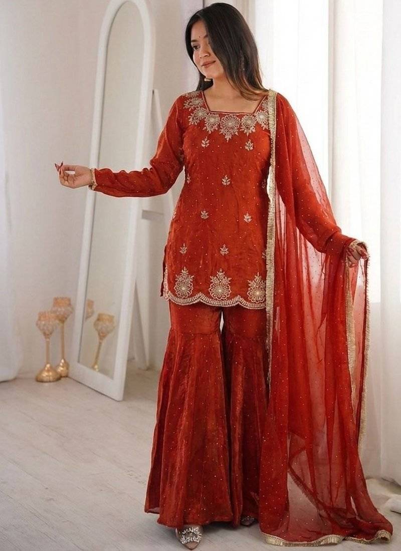 dark orange embroidered kurta with sharara
