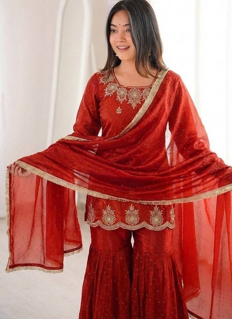 dark orange embroidered kurta with sharara