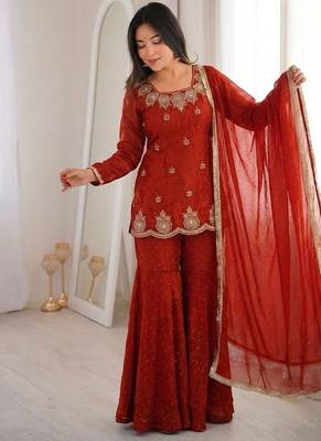 dark orange embroidered kurta with sharara 9