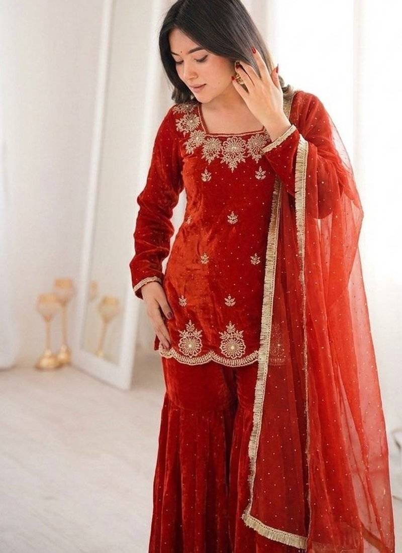 dark orange embroidered kurta with sharara