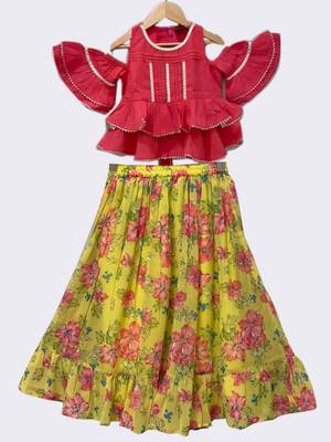 Coral & yellow embellished cotton lehenga choli ethnic wear 1
