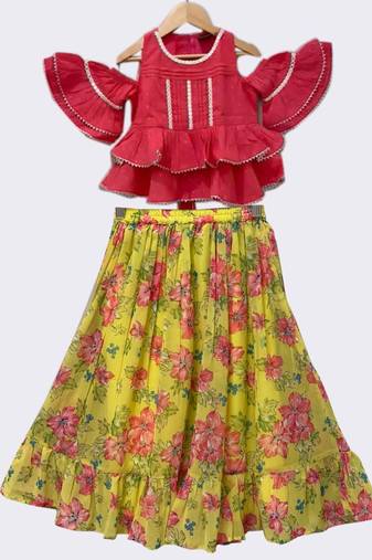 Coral & yellow embellished cotton lehenga choli ethnic wear