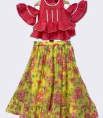 Coral & yellow embellished cotton lehenga choli ethnic wear