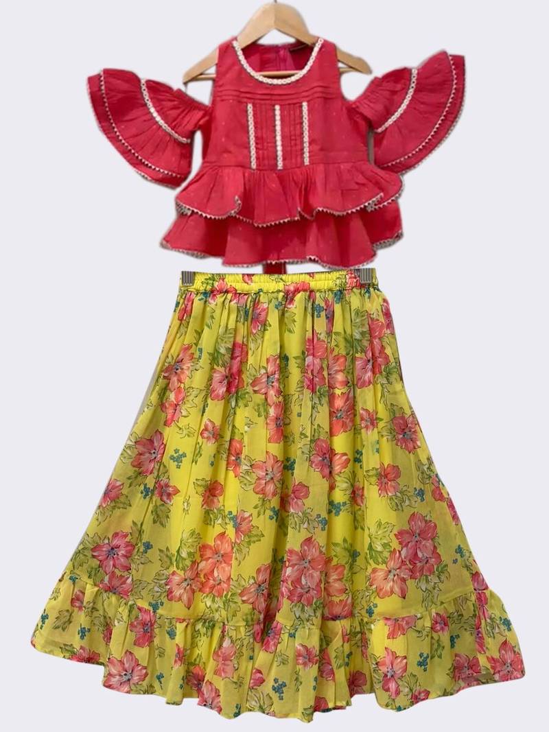 Coral & yellow embellished cotton lehenga choli ethnic wear