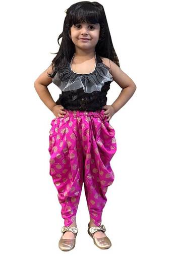Black & pink all over embroidered polyester top with dhoti  ethnic wear