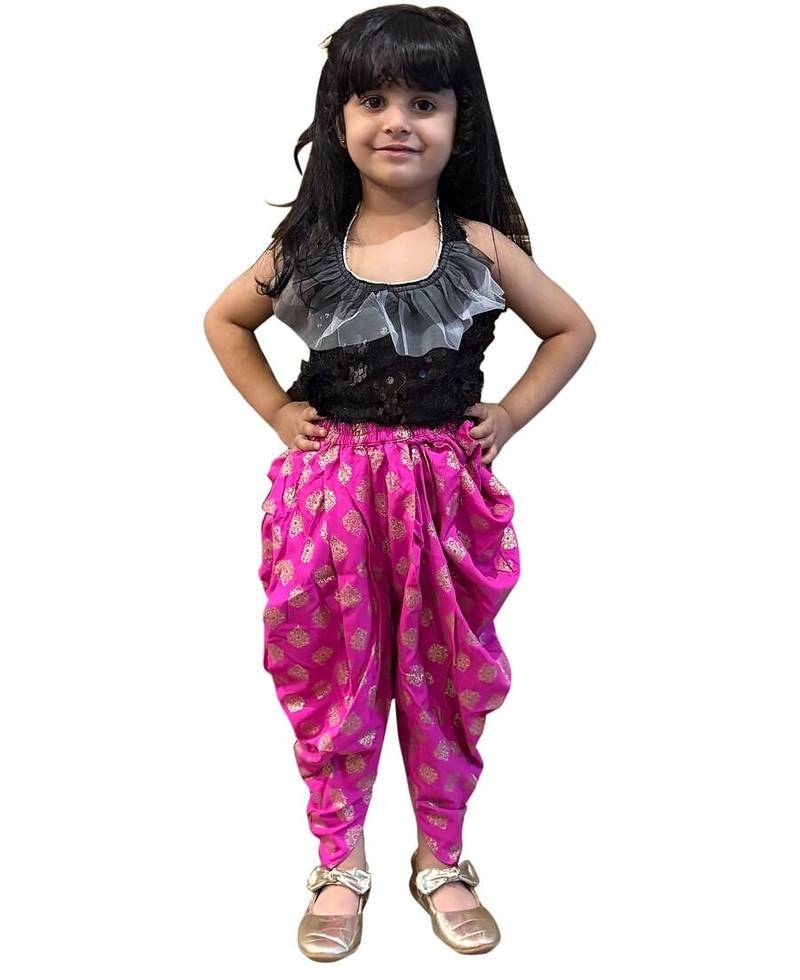 Black & pink all over embroidered polyester top with dhoti  ethnic wear