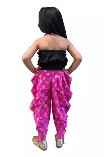 Black & pink all over embroidered polyester top with dhoti  ethnic wear