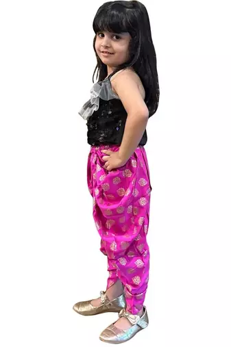 Black & pink all over embroidered polyester top with dhoti  ethnic wear