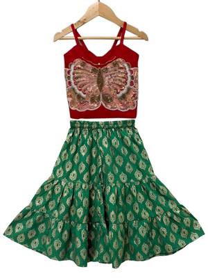 Red & green placement embroidered polyester top with  sharara ethnic wear 1