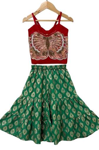 Red & green placement embroidered polyester top with  sharara ethnic wear
