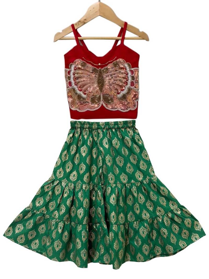 Red & green placement embroidered polyester top with  sharara ethnic wear