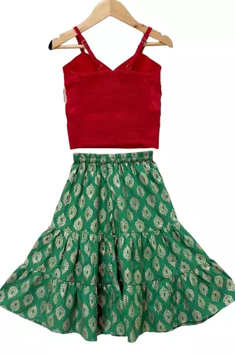 Red & green placement embroidered polyester top with  sharara ethnic wear