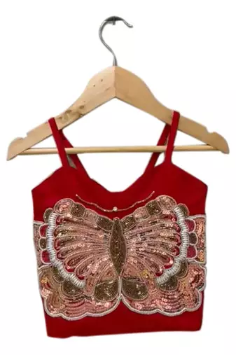 Red & green placement embroidered polyester top with  sharara ethnic wear