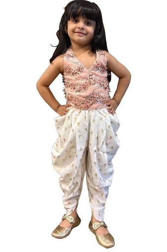 Peach & offwhite embellished polyester top with dhoti ethnic wear