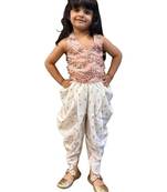 Peach & offwhite embellished polyester top with dhoti ethnic wear
