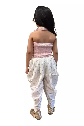 Peach & offwhite embellished polyester top with dhoti ethnic wear