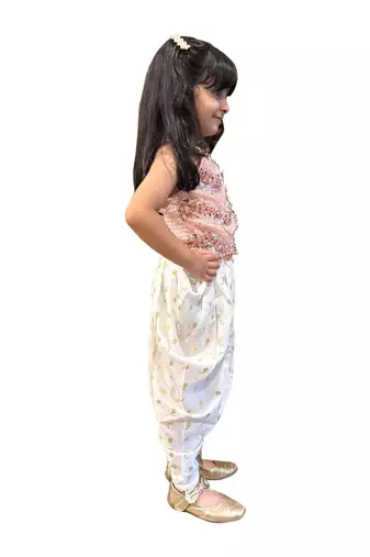 Peach & offwhite embellished polyester top with dhoti ethnic wear
