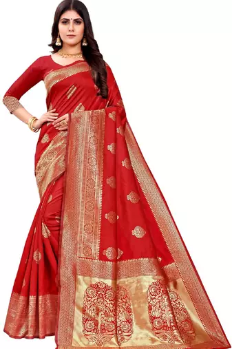 red soft art silk banarasi jacuard work designer party wear saree with unstitched blouse piece