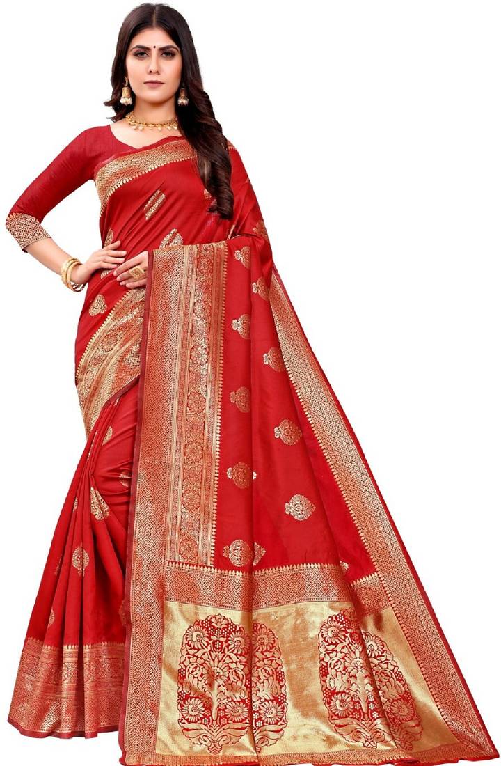 red soft art silk banarasi jacuard work designer party wear saree with unstitched blouse piece