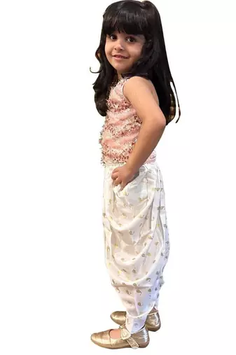 Peach & offwhite embellished polyester top with dhoti ethnic wear