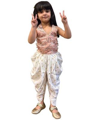 Peach & offwhite embellished polyester top with dhoti ethnic wear 5
