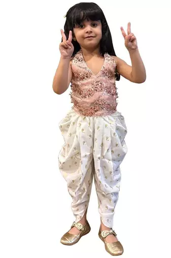 Peach & offwhite embellished polyester top with dhoti ethnic wear