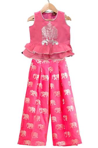 Coral placement print chanderi top with palazzo ethnic wear