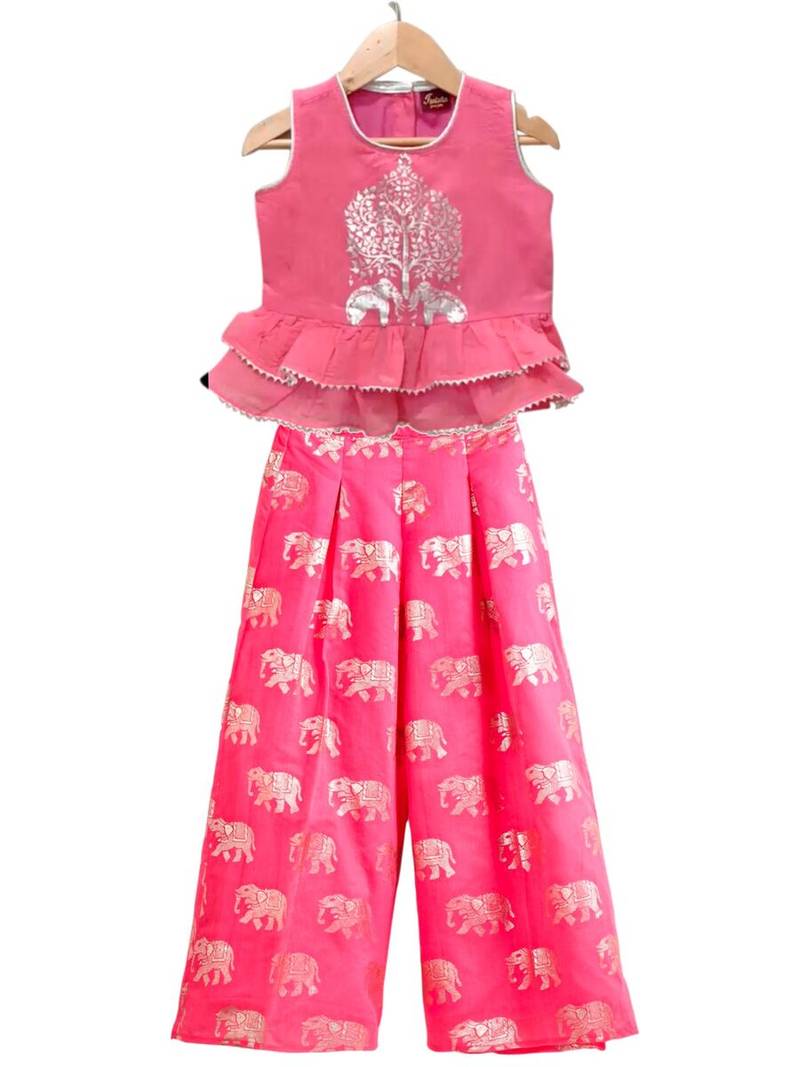 Coral placement print chanderi top with palazzo ethnic wear