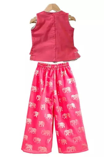 Coral placement print chanderi top with palazzo ethnic wear