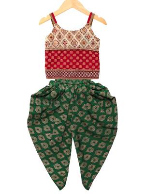 Red & green embellished polyester top with  dhoti ethnic wear 1