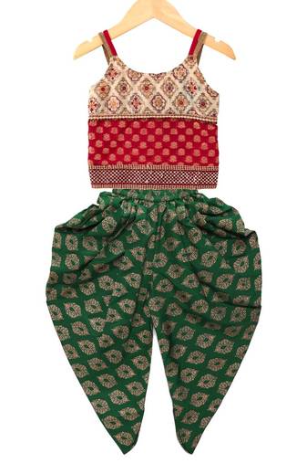 Red & green embellished polyester top with  dhoti ethnic wear
