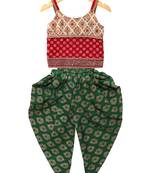Red & green embellished polyester top with  dhoti ethnic wear