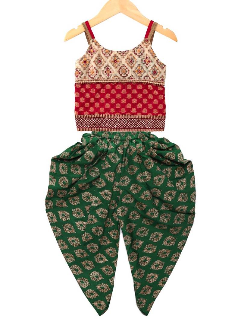 Red & green embellished polyester top with  dhoti ethnic wear