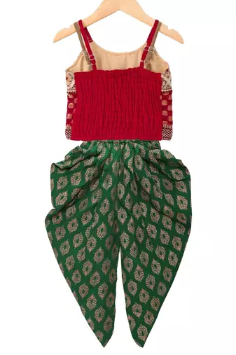 Red & green embellished polyester top with  dhoti ethnic wear