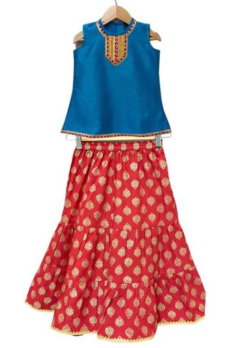 Blue & red embellished polyester top with sharara ethnic wear