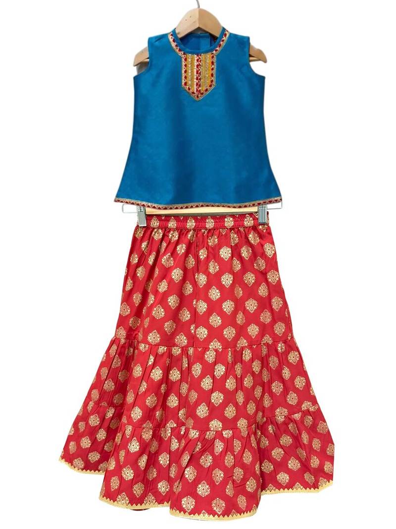 Blue & red embellished polyester top with sharara ethnic wear