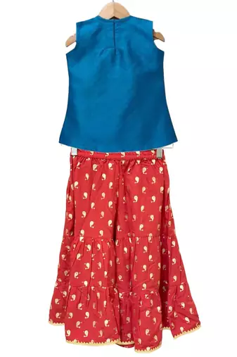 Blue & red embellished polyester top with sharara ethnic wear
